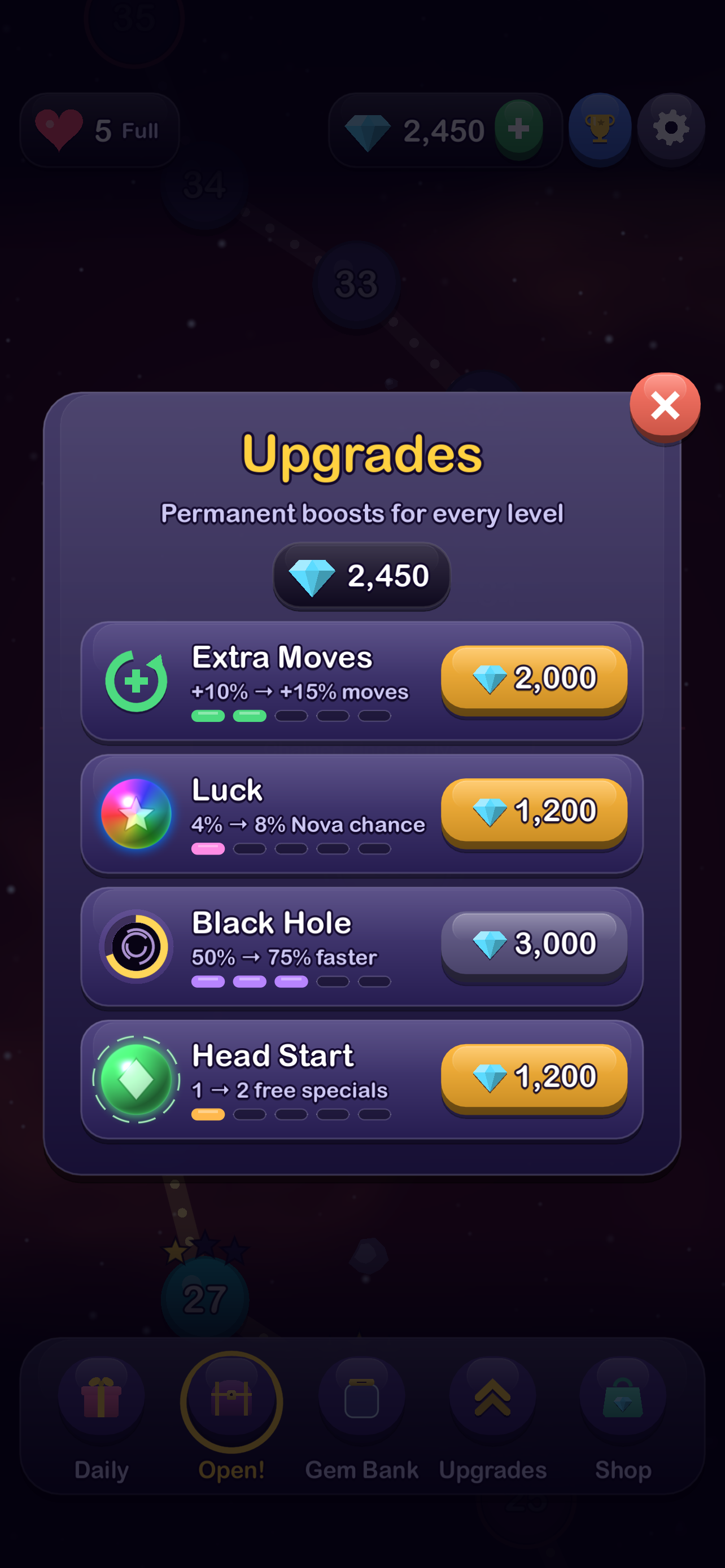 Permanent upgrades: Extra Moves, Luck, Black Hole and Head Start